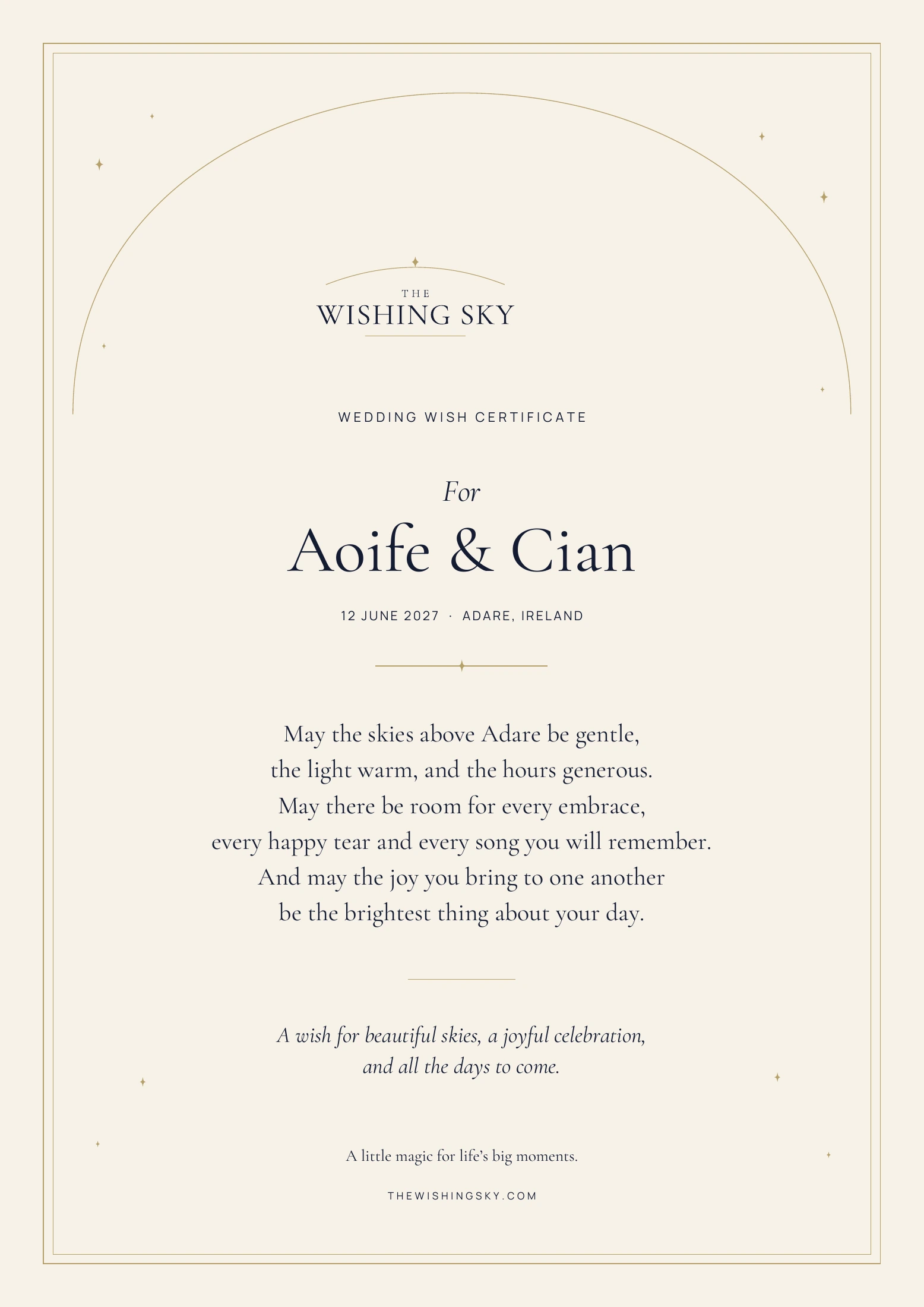 Full sample Wedding Wish Certificate for Aoife and Cian, 12 June 2027, Adare, Ireland