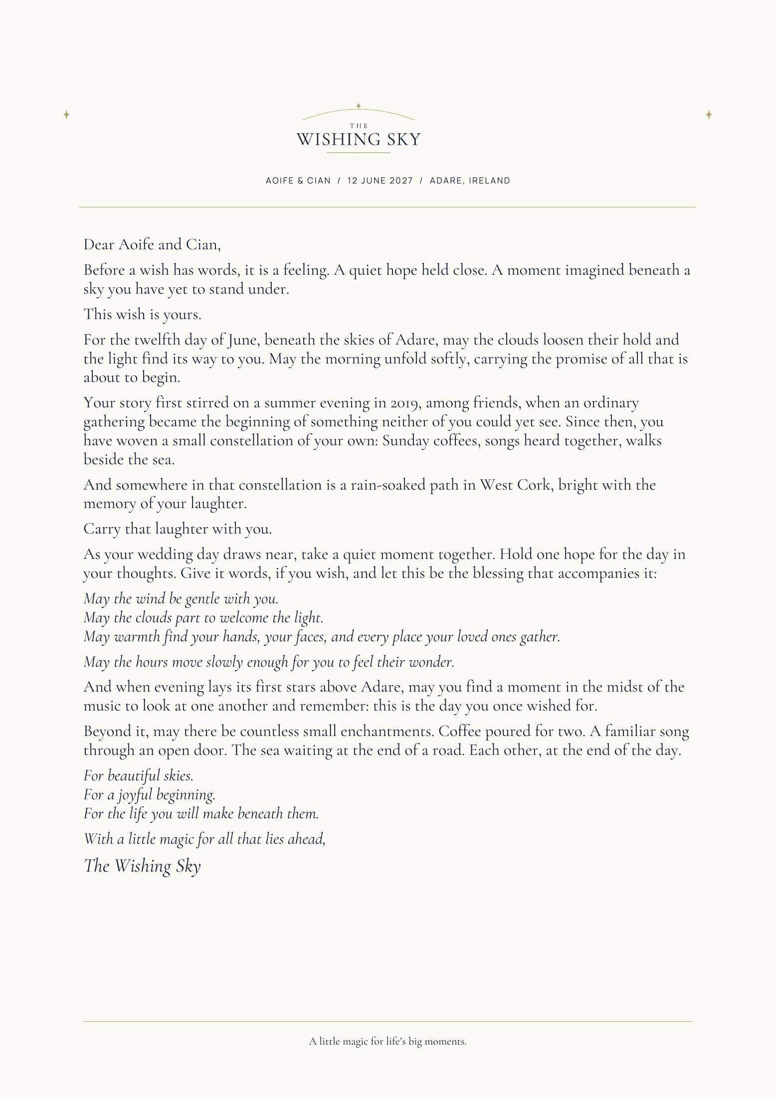 Full sample Personal Wish Letter for Aoife and Cian. The complete letter is also available as readable text above.